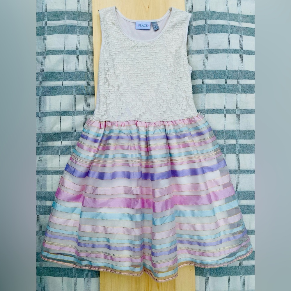 XL 10/12 Girl Elegant Lace Dress Sleeveless Lace And Striped Knit To Woven Dress - Picture 3 of 9